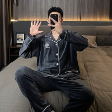 冬季海岛绒男士翻领开衫长袖睡衣套简约休闲家居服