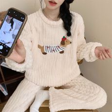冬季长毛绒加厚圆领长袖长裤睡衣女套装休闲家居服
