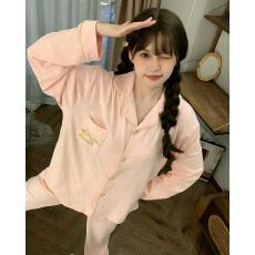 秋冬季新款睡衣女双面德绒长袖开衫翻领宽松家居服套装