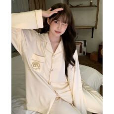 秋冬季新款睡衣女双面德绒长袖开衫翻领宽松家居服套装