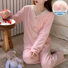 秋冬季新款睡衣女带胸垫双面德绒公主风可外穿家居服套装