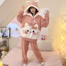 批发冬季玫瑰绒睡衣女少女可爱卡通套头连帽家居服套装 280克
