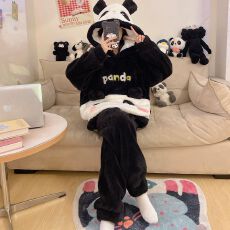 批发冬季玫瑰绒睡衣女少女可爱卡通套头连帽家居服套装 280克