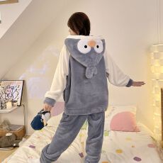 批发冬季玫瑰绒睡衣女少女可爱卡通套头连帽家居服套装 280克