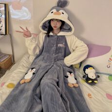 冬季睡衣女新款袍套法兰绒卡通连帽宽松家居服套装 280克