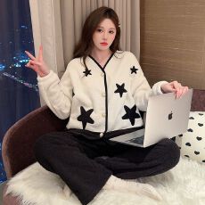 批发冬季新款半边绒睡衣女小香风加厚甜美少女家居服套装 260克