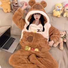 批发冬季新款长毛绒<b class='q'>睡衣</b><b class='q'>女</b>可爱卡通套头连帽家居服套装 260克