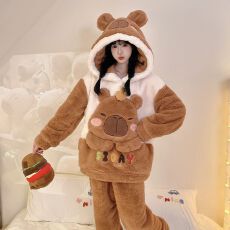 批发冬季新款长毛绒<b class='q'>睡衣</b><b class='q'>女</b>可爱卡通套头连帽家居服套装 260克