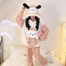 批发冬季新款长毛绒睡衣女可爱卡通套头连帽家居服套装 260克