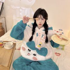 批发冬季新款长毛绒睡衣女可爱卡通套头连帽家居服套装 260克