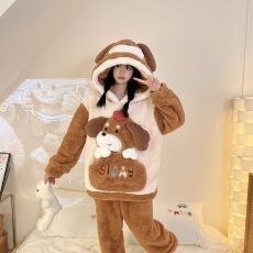 批发冬季新款长毛绒睡衣女可爱卡通套头连帽家居服套装 260克