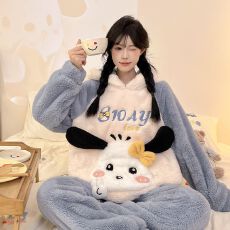 批发冬季新款长毛绒睡衣女可爱卡通套头连帽家居服套装 260克