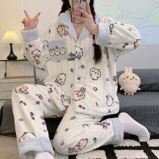 冬季新款睡衣女法兰绒开衫翻领卡通甜美家居服套装 220克