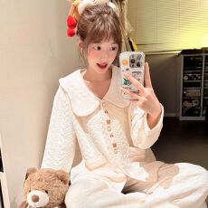 批发秋冬季新款睡衣女空气夹层长袖少女甜美宽松家居服套装280克