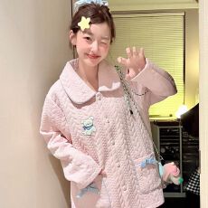 批发秋冬季新款睡衣女空气夹层长袖少女甜美宽松家居服套装280克