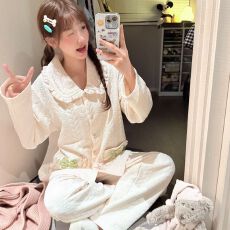 批发秋冬季新款睡衣女空气夹层长袖少女甜美宽松家居服套装280克
