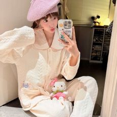 批发秋冬季新款睡衣女空气夹层长袖少女甜美宽松家居服套装280克