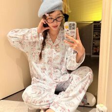 批发秋冬季新款睡衣女双面德绒长袖开衫翻领甜美家居服套装