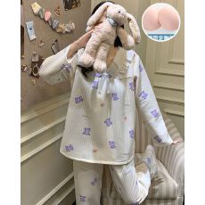 批发秋冬季新款睡衣女带胸垫空气夹层加厚公主风长袖家居服套装