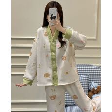 批发秋冬季新款睡衣女加厚空气夹层开衫V领长袖甜美家居服套装