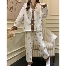 批发秋冬季新款睡衣女加厚空气夹层开衫V领长袖甜美家居服套装