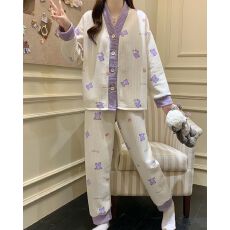 批发秋冬季新款睡衣女加厚空气夹层开衫V领长袖甜美<b class='q'>家居服</b>套装
