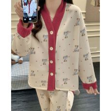 批发秋冬季新款睡衣女加厚空气夹层开衫V领长袖甜美<b class='q'>家居服</b>套装