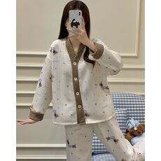 批发秋冬季新款睡衣女加厚空气夹层开衫V领长袖甜美<b class='q'>家居服</b>套装
