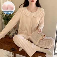 批发秋冬季新款睡衣女带胸垫坑条羊绒甜美公主风长袖<b class='q'>家居服</b>套装