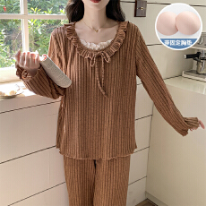 批发秋冬季新款睡衣女带胸垫坑条羊绒甜美公主风长袖<b class='q'>家居服</b>套装