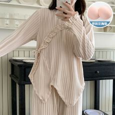 批发秋冬季新款睡衣女带胸垫坑条羊绒甜美公主风长袖<b class='q'>家居服</b>套装