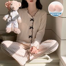 批发秋冬季新款睡衣女带胸垫坑条羊绒甜美公主风长袖<b class='q'>家居服</b>套装