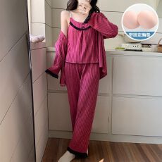 批发秋冬季新款睡衣女带胸垫坑条羊绒吊带长裤外套三件套<b class='q'>家居服</b>