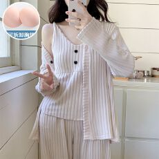 批发秋冬季新款睡衣女带胸垫坑条羊绒吊带长裤外套三件套<b class='q'>家居服</b>