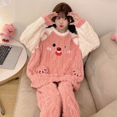 批发冬季新款睡衣女长毛绒少女卡通休闲<b class='q'>甜美</b>家居服套装 280克