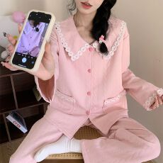 批发秋冬季新款睡衣女空气夹层长袖少女甜美宽松家居服套装280克