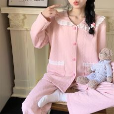 批发秋冬季新款睡衣女空气夹层长袖少女甜美宽松家居服套装280克