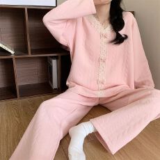 批发秋冬季新款睡衣女空气夹层长袖少女甜美宽松家居服套装280克