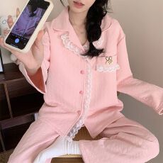 批发秋冬季新款睡衣女空气夹层长袖少女甜美宽松家居服套装280克