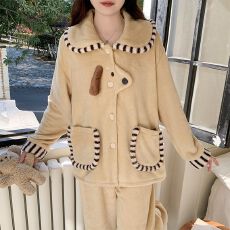 批发冬季新款睡衣女法兰绒开<b class='q'>衫</b>娃娃领卡通甜美家居服套装 260克