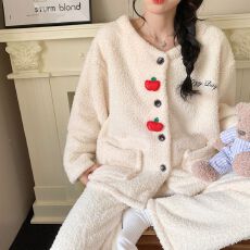 批发冬季新款睡衣女加厚半边绒开<b class='q'>衫</b>圆领甜美家居服套装 260克