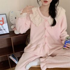 批发冬季新款半边绒睡衣女公主风加厚甜美少女家居服套装