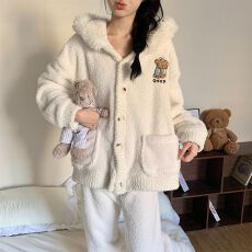 批发冬季新款半边绒睡衣女少女甜美可爱开<b class='q'>衫</b>连帽家居服套装