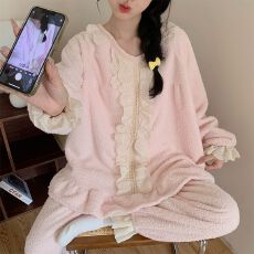 批发冬季新款半边绒睡衣女公主风加厚甜美少女家居服套装