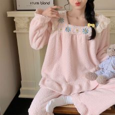 批发冬季新款半边绒睡衣女公主风加厚甜美少女家居服套装