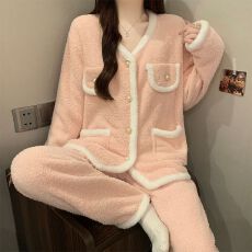 批发冬季新款半边绒睡衣女小香风加厚甜美少女家居服套装