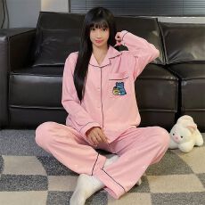 批发秋冬季新款睡衣女双面德绒长袖开衫翻领宽松家居服套装