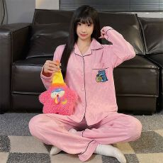 批发秋冬季新款睡衣女双面德绒长袖开衫翻领宽松家居服套装