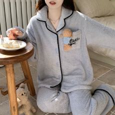 批发冬季新款睡衣女加厚半边绒开衫翻领甜美家居服套装 280克