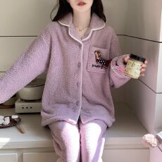 冬季新款睡衣女加厚半边绒开衫翻领甜美家居服套装 280克